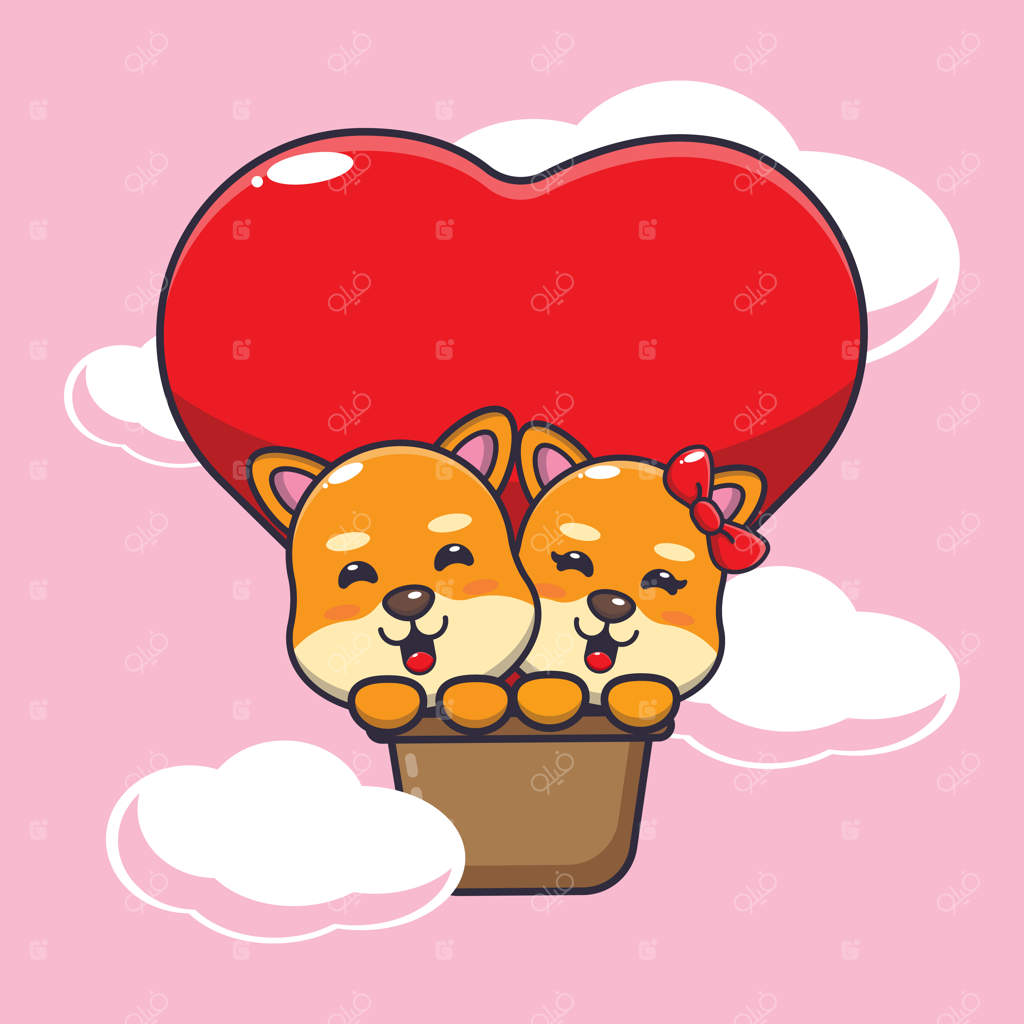 شخصیت کارتونی سگ شیبا اینو بامزه با بالون هوای گرم در روز ولنتاین پرواز می‌کند.