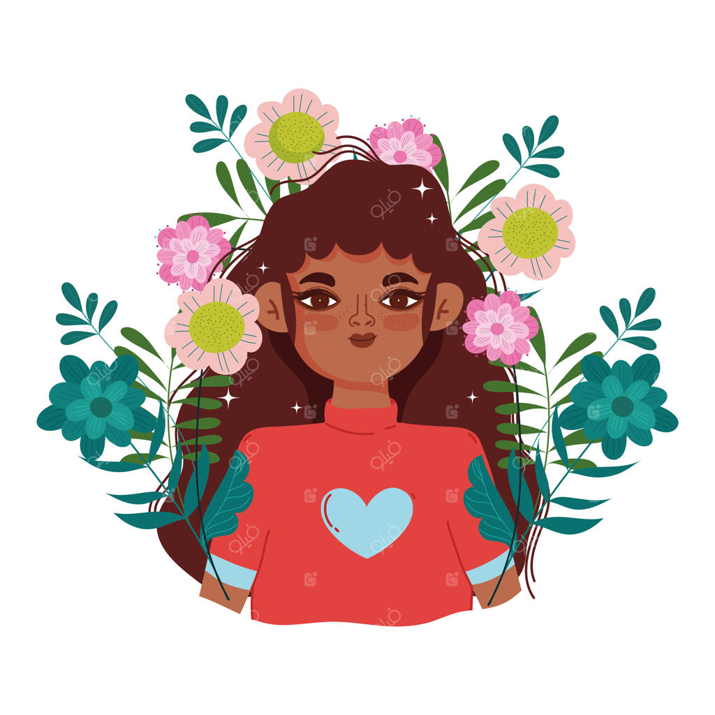 زن آفریقایی-آمریکایی با تصویرسازی کارتونی گل‌ها و شاخ و برگ