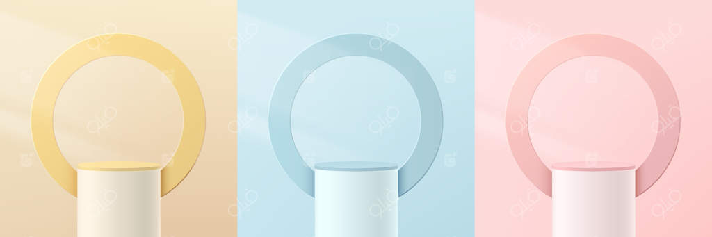 مجموعه‌ای از استندهای سه‌بعدی استوانه‌ای به رنگ‌های زرد، صورتی و آبی با پس‌زمینه دایره‌ای