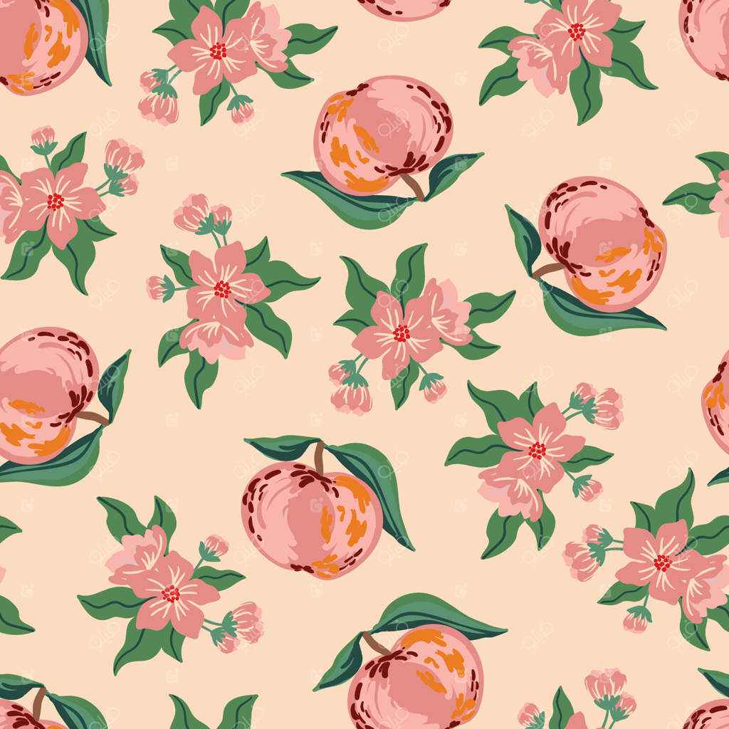 پترن یکپارچه شاخه‌های گلدار سیب قرمز. باغ شکوفا، بافت پارچه و بسته‌بندی