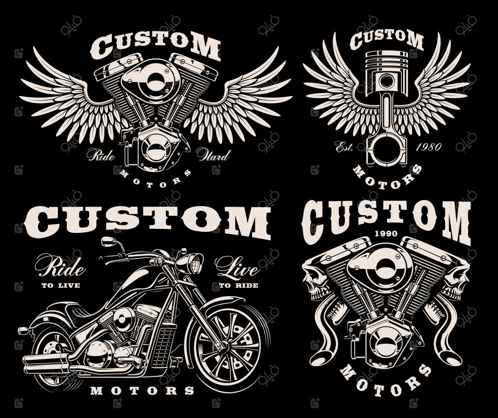 مجموعه‌ای از نمادهای سیاه و سفید برای تم موتورسیکلت در پس‌زمینه تیره