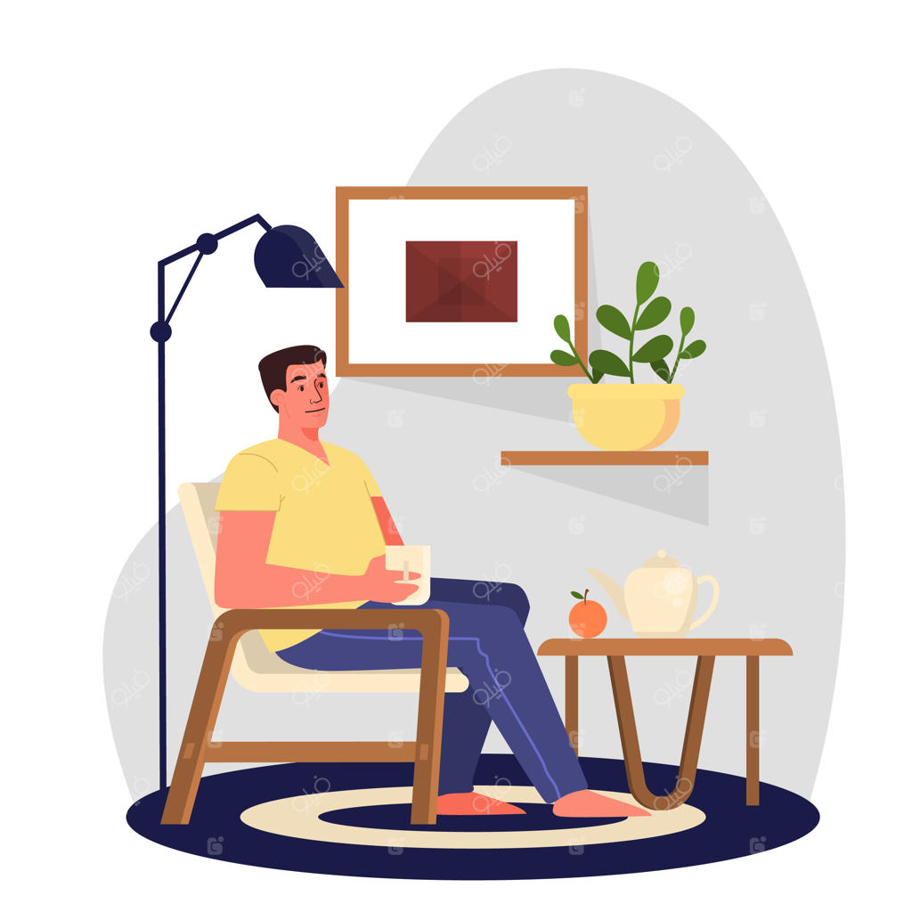 مردی صبحانه می‌خورد: شخصیت مرد بالغ در حال نوشیدن چای روی صندلی راحتی نشسته است.