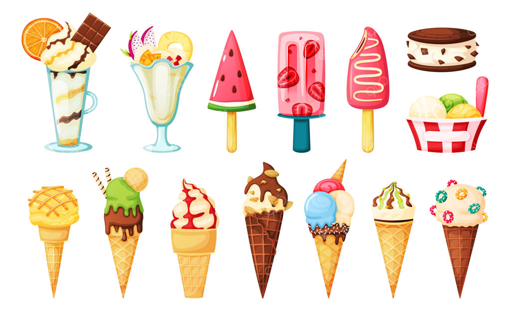 یخمک توت‌فرنگی، یخ‌دانه هندوانه، بستنی وانیلی، ساندویچ بستنی