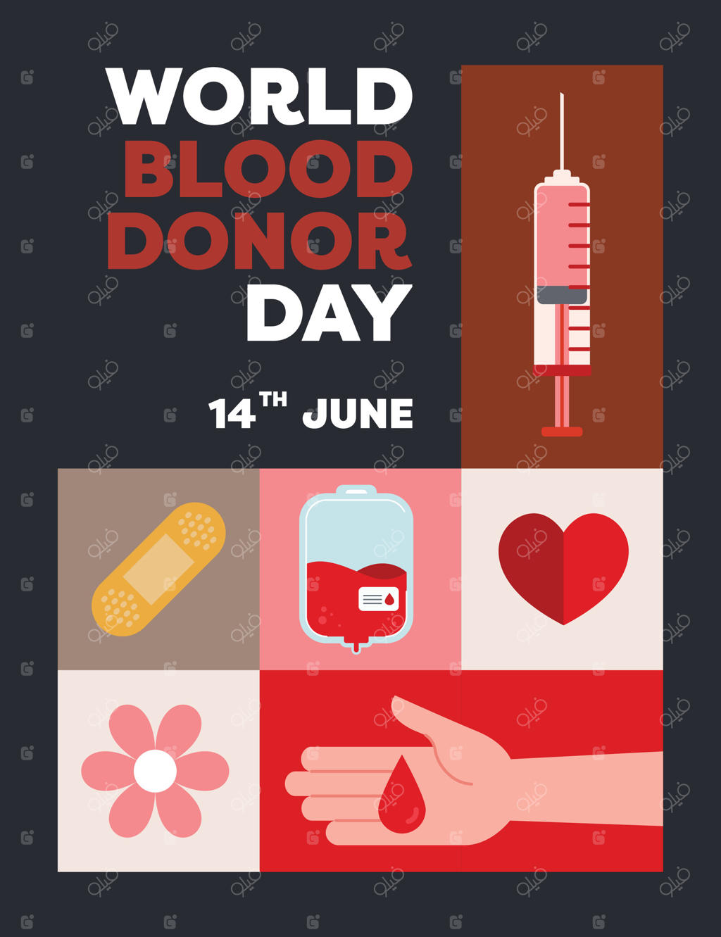 پوستر روز جهانی اهداکننده با طراحی ساده و نمادهایی مانند کیسه‌های خون، قلب‌ها و قطرات به همراه نشانه‌های حمایتی برای افزایش آگاهی و تشویق به اهدای زندگی‌بخش