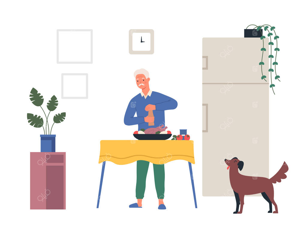 پیرمردی در حال آشپزی در خانه: مردی در آشپزخانه بوقلمونی با سبزیجات را نمک می‌زند و سگ خانگی به غذا نگاه می‌کند