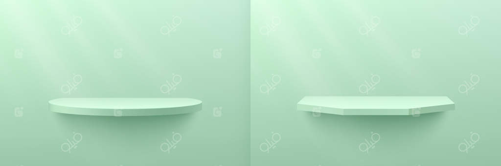 ست قفسه استوانه‌ای و شش‌ضلعی به رنگ سبز نعناعی با نورپردازی پنجره‌ای