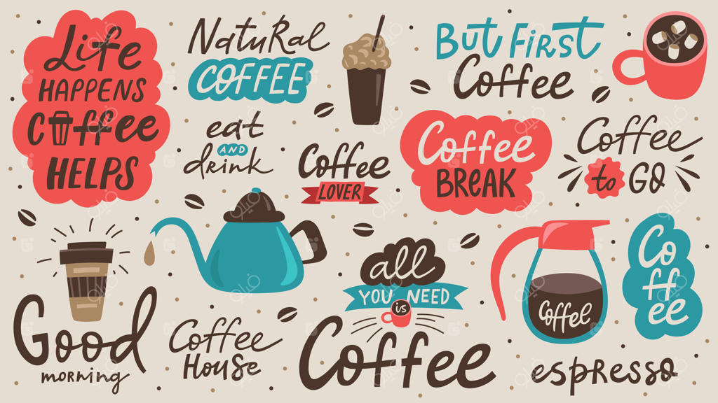 نقل قول روی فنجان قهوه با تایپوگرافی و تصویرسازی: طراحی خوشنویسی برای تبلیغات فروشگاه و طراحی گرافیک. کافه‌، برداری.