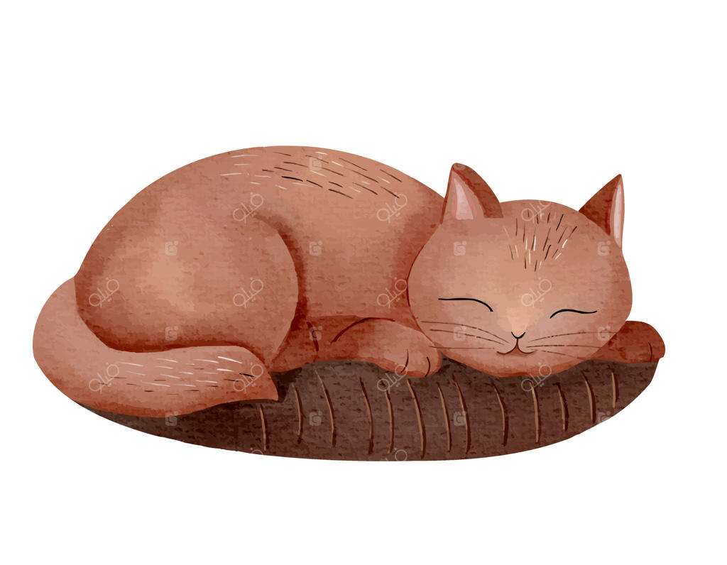 طرح دستی یک گربه خواب در رنگ‌های قرمز و قهوه‌ای. تصویرسازی آبرنگی گربه کوچولوی بامزه و راحت