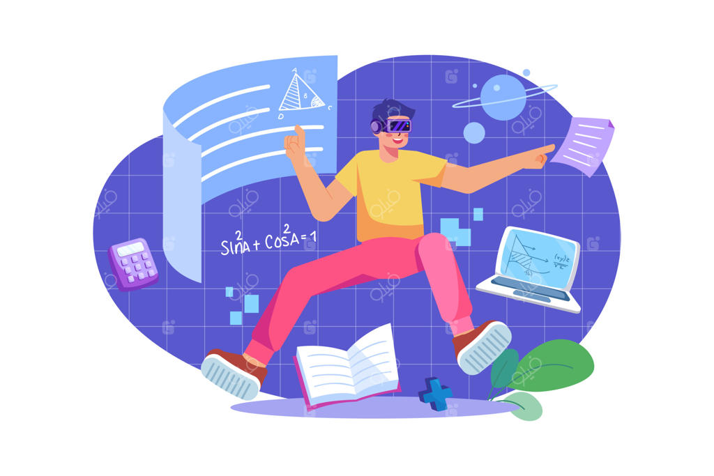 دانش‌آموز در حال مطالعه با هدست واقعیت مجازی