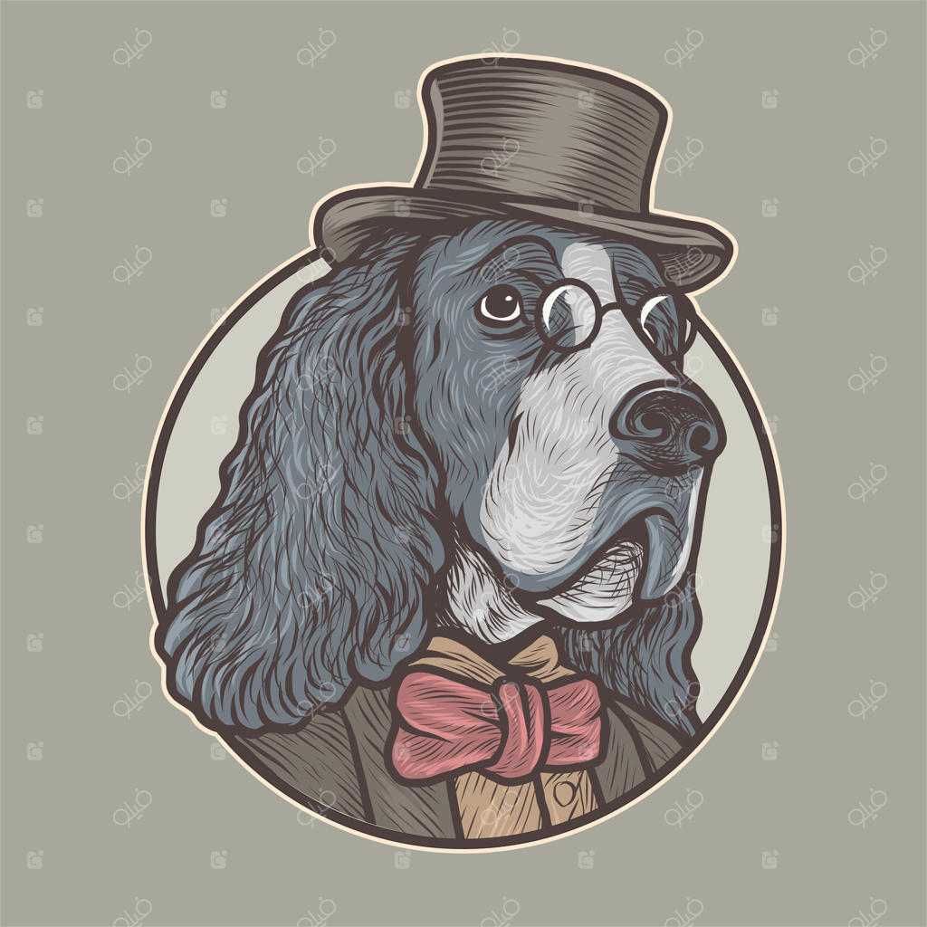 تصویر برداری دستی سگ نژاد اسپانیل انگلیسی با عینک و کت و شلوار شیک