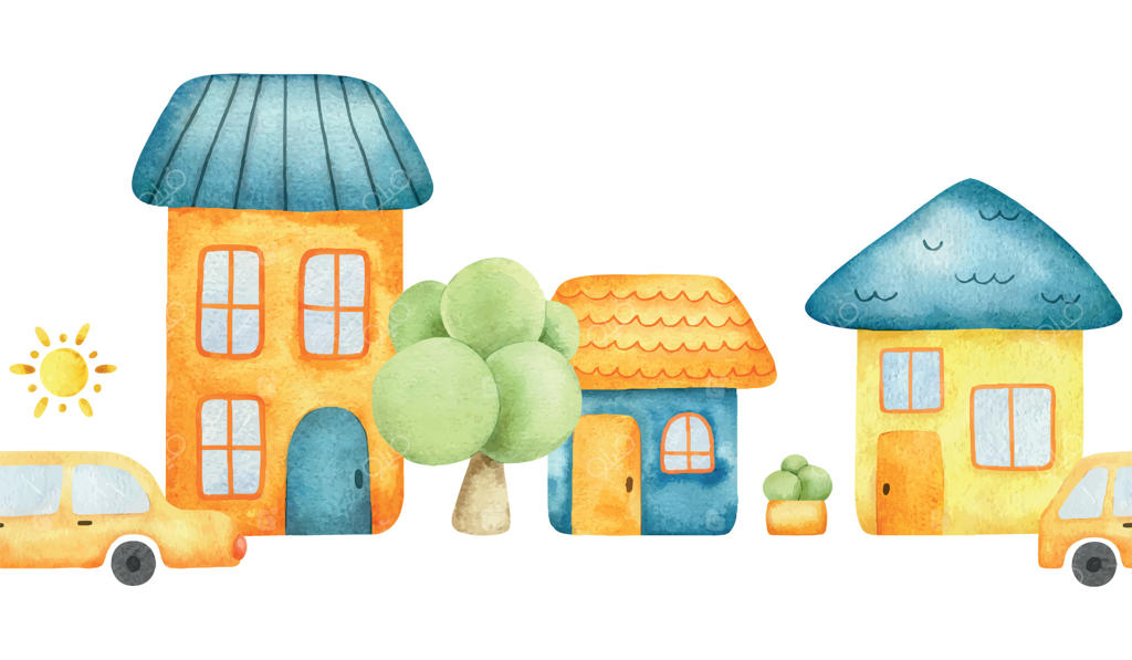 وکتور حرفه‌ای تصویرسازی خانه‌های آبرنگی شاد و رنگارنگ