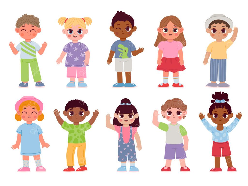 شخصیت‌های جذاب و متنوع کودکان با دست تکان دادن و خوش‌آمدگویی. کودکان کارتونی دختر و پسر با ژست خداحافظی یا سلام. مجموعه‌ای از دانش‌آموزان در قالب وکتور. کودکان مدرن و چندفرهنگی مهدکودک