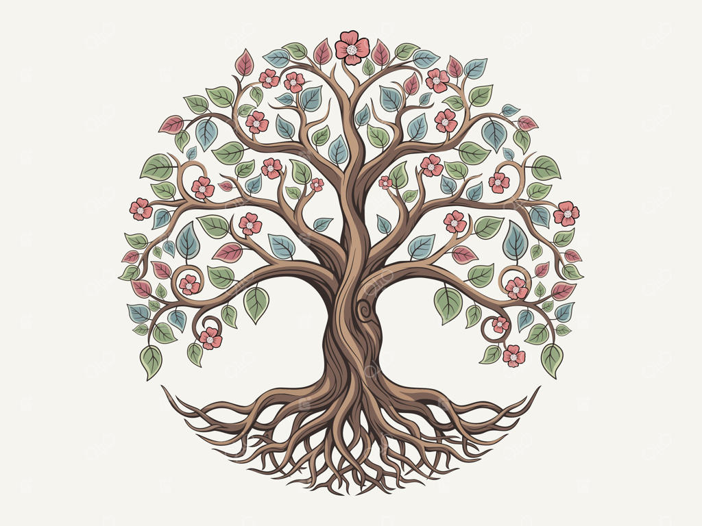 درخت و ریشه با برگ‌ها و گل‌ها برای مفهوم درخت زندگی یا لوگوی طبیعت.