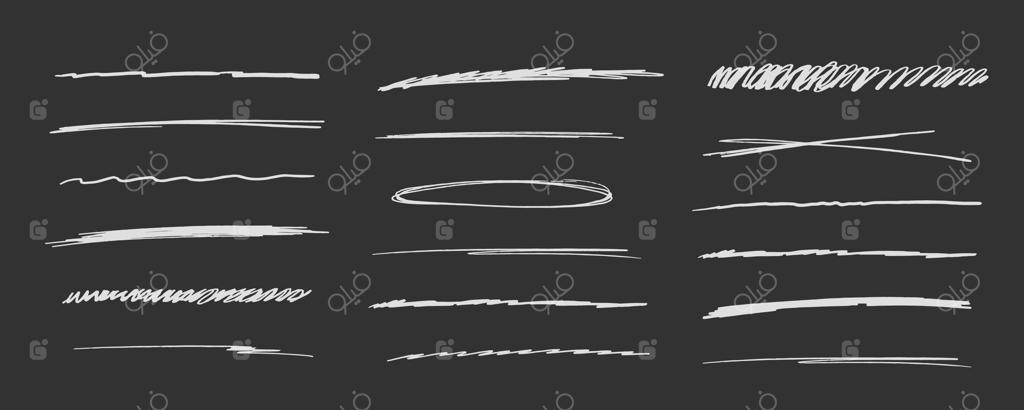 خطوط خط‌خوردگی و خط‌زیر، بافت گچ، خطوط ماژیک، منحنی‌های نامنظم، علامت‌گذاری‌های دستی بافت‌دار، حاشیه‌های ساده بر روی زمینه تیره. مجموعه‌ای خلاقانه از نشانه‌گذاری‌ها با قلم‌مو یا مداد شمعی.