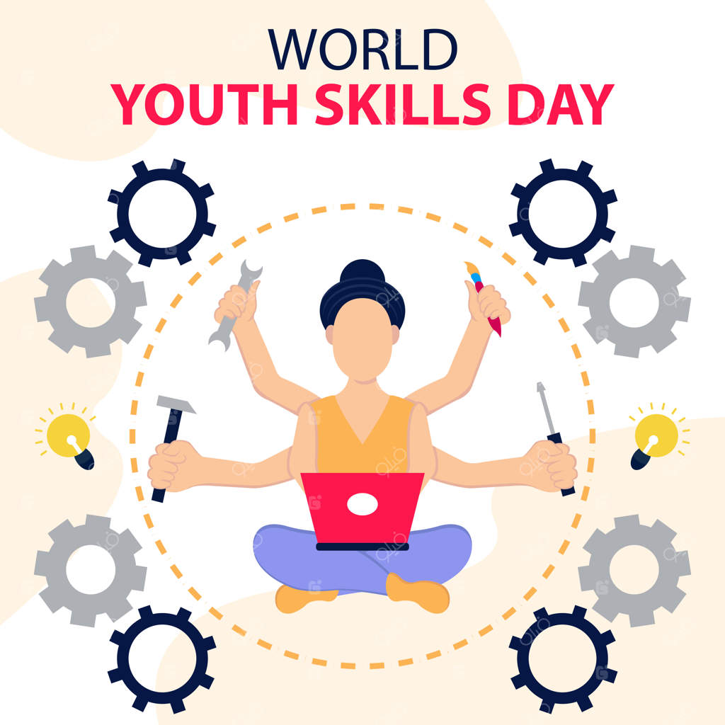 تصویر گرافیکی وکتور از زنی با لپ‌تاپ و چهار دست که ابزارهای مختلفی را نگه داشته‌اند