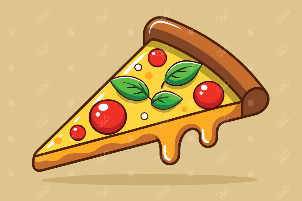 آیکون کارتونی برش پیتزا با پنیر در حال چکه، گوجه و ریحان در پس‌زمینه بژ