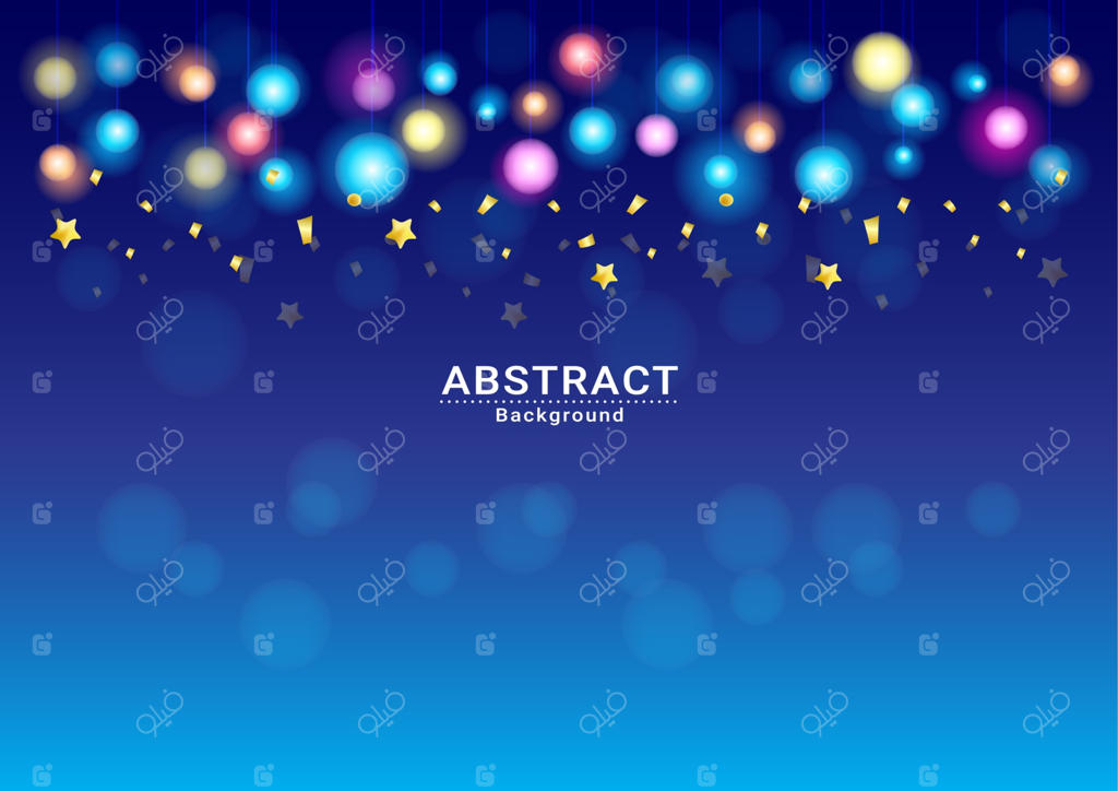 جشن با پس‌زمینه آبی تیره و نور و کاغذ رنگی‌ها