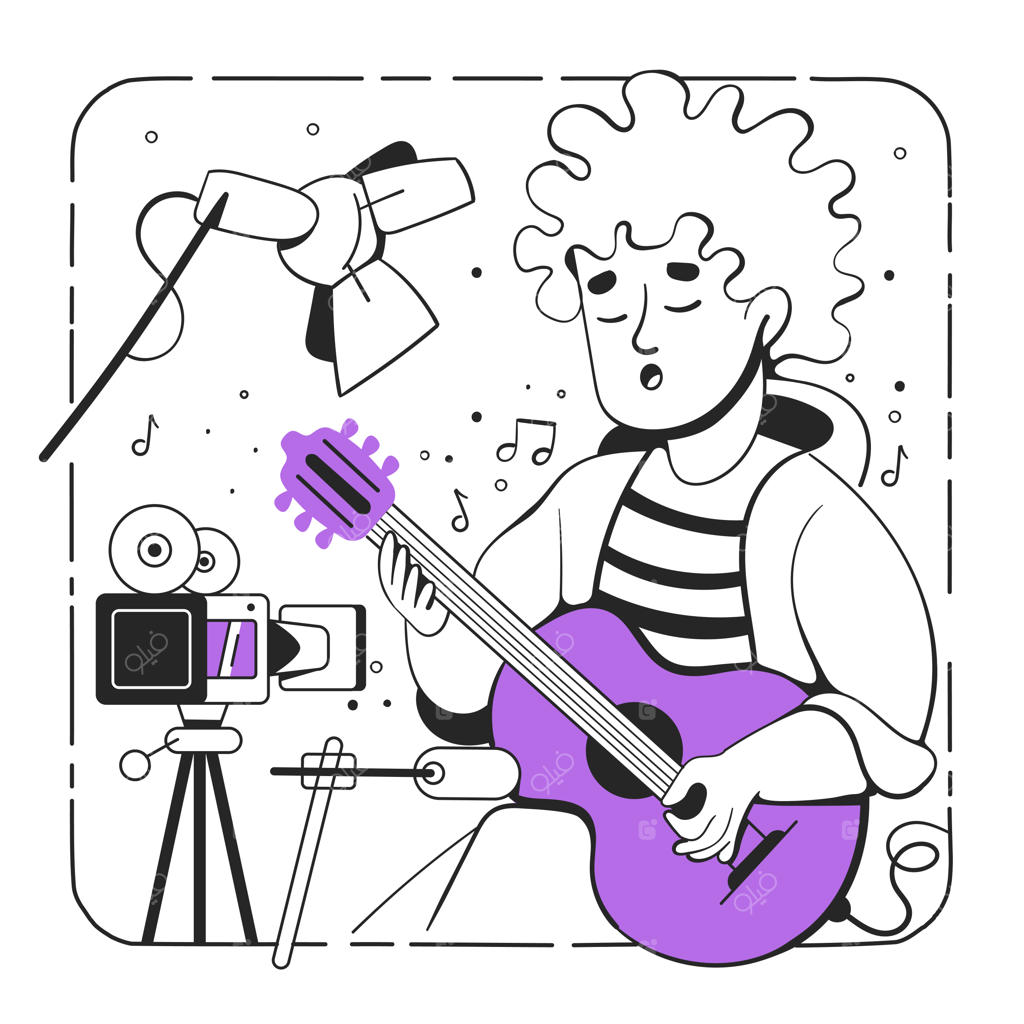 خواننده‌ای گیتار می‌نوازد و می‌خواند جلوی دوربین