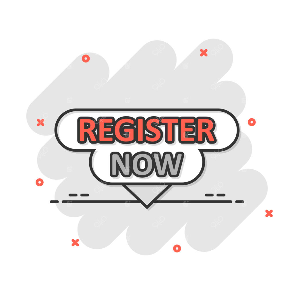 وکتور آیکون «همین حالا ثبت‌نام کنید» به سبک کمیک و کارتونی با افکت اسپلش در پس‌زمینه ایزوله؛ طرح اعلان عضویت و مفهوم تجاری