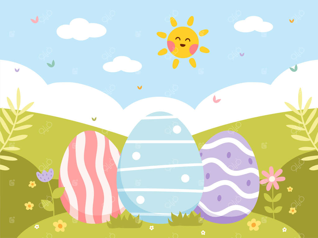 جستجوی تخم‌مرغ‌های عید پاک و گل‌های بهاری در باغی روشن. تصویر تخم‌مرغ‌های عید پاک روی چمن. صحنه‌ای بهاری