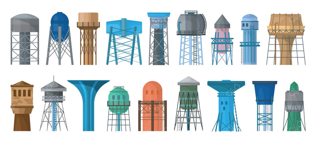 مجموعه آیکون‌های کارتونی برج آب: تصویر مخزن و تانک