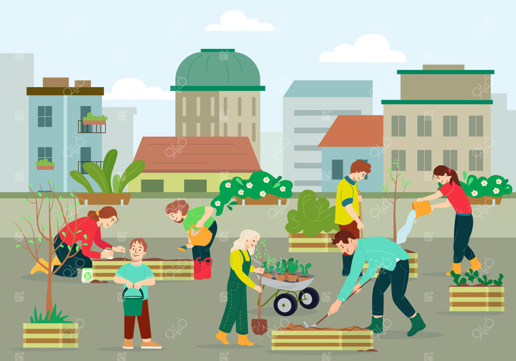 باغچه اجتماعی در تراس یا بام ساختمان آپارتمان. همکاری مردم برای ایجاد بام سبز. اکولوژی و محوطه‌سازی طبیعی، تصویرسازی برداری از شهر سبز و نمای اکولوژیکی