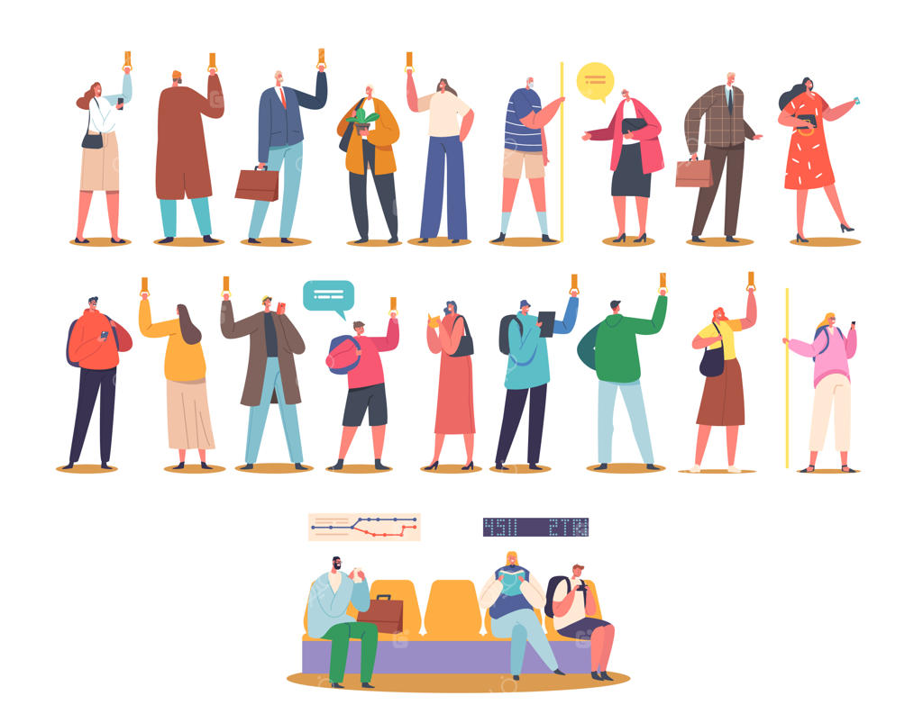 مجموعة‌ای از مسافران در متروی شهری زیرزمینی - شخصیت‌های زن و مرد درون واگن ایستاده‌اند