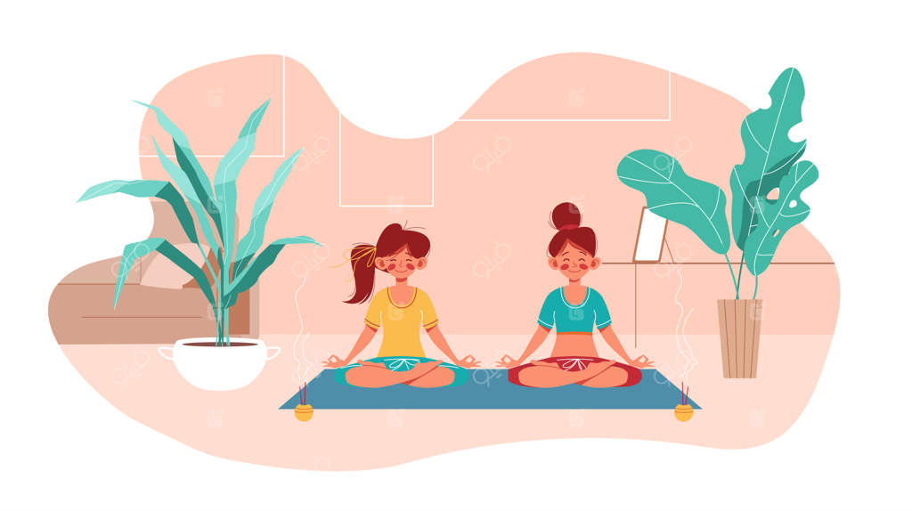 تناسب اندام در خانه: دو دختر در حال انجام یوگا به حالت نیلوفر در اتاق