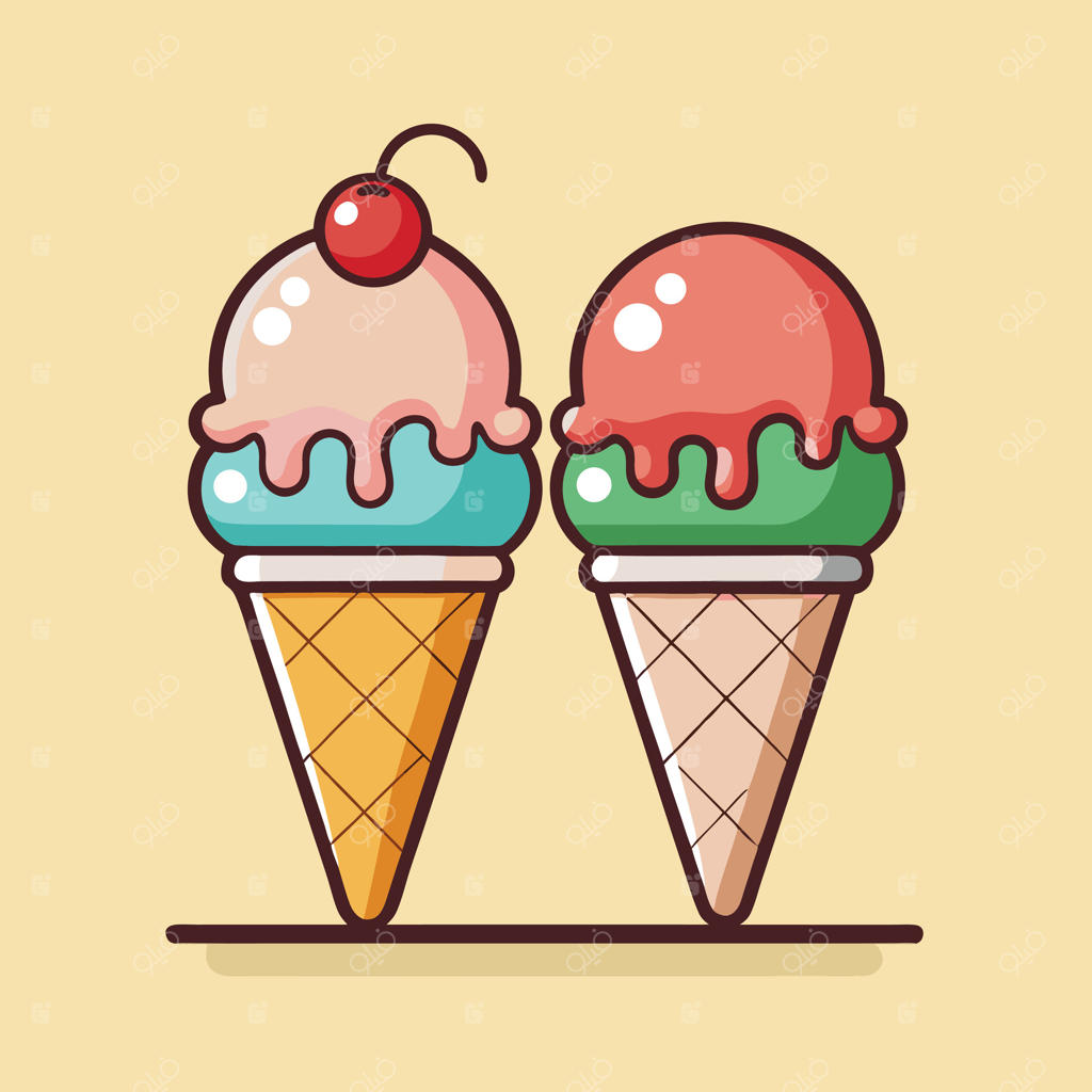 دو بستنی قیفی کارتونی با تزیین گیلاس در پس‌زمینه زرد روشن