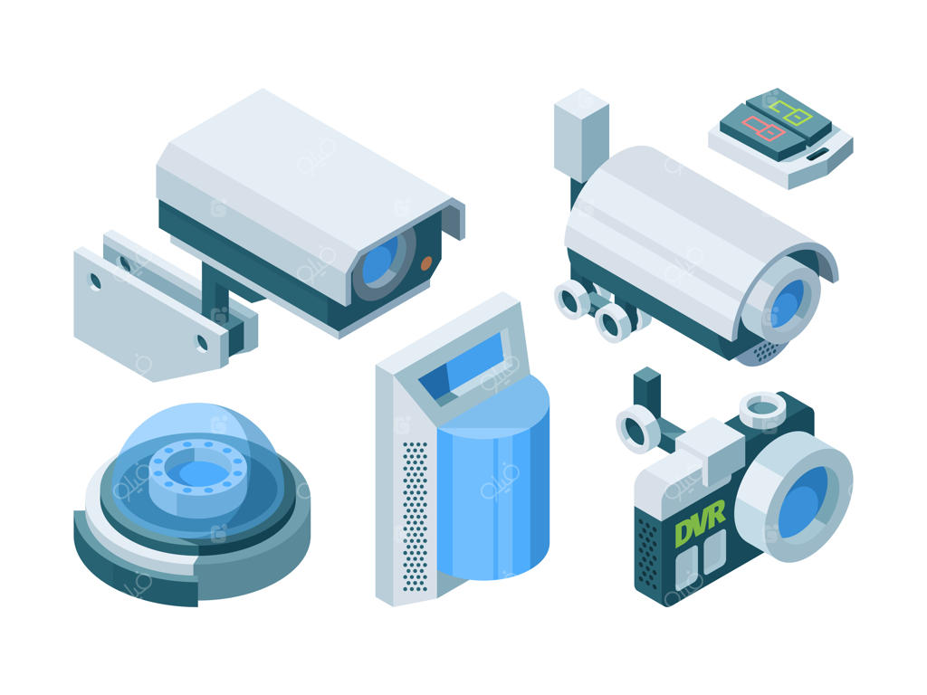 مجموعه ایزومتریک دوربین‌های امنیتی هوشمند: نظارت هوشمند و فناوری‌های پیشرفته حفاظت برای خانه و دفتر. دوربین‌های گنبدی خیابانی، قفل‌های الکترونیکی و دوربین‌های PTZ خودکار.