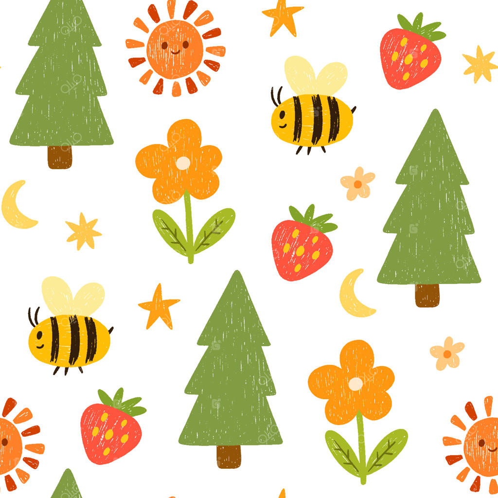 طرح بدون درز کودکانه با مداد شمعی. پس‌زمینه‌ای با طراحی دستی و سبک کودکانه شامل زنبور عسل، گل، درخت، خورشید و ستاره‌ها. کاغذ دیواری شاد و جذاب برای نوشت‌افزار کودکان با شکل‌ها و عناصر بامزه.