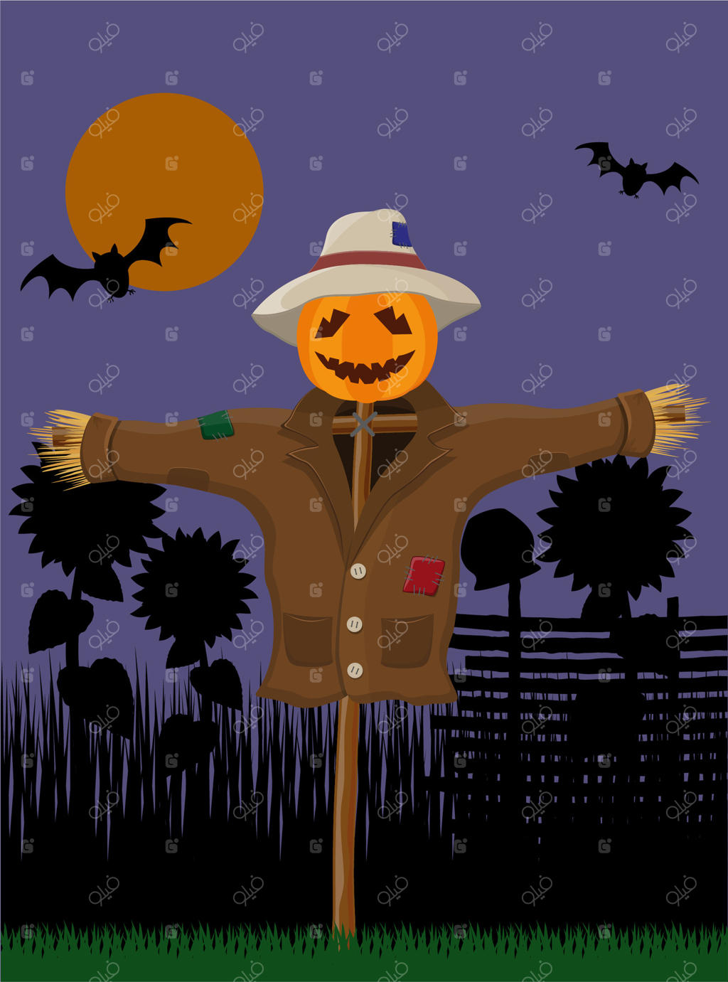 تصویر استوک مترسک باغ با کله کدو تنبل مخصوص هالووین در سبک تخت