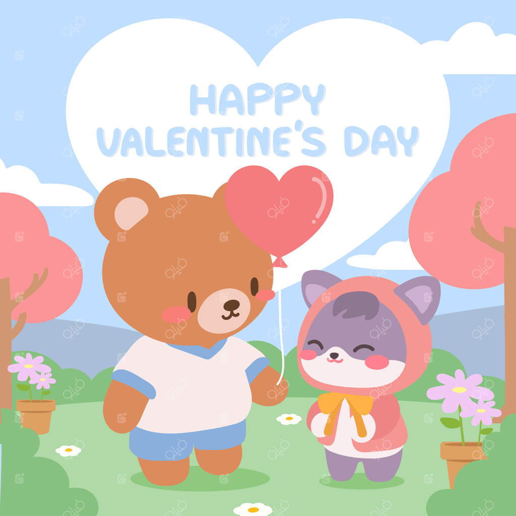 این تصویر دلنشین روز ولنتاین، خرسی بامزه را نشان می‌دهد که بادکنکی به شکل قلب در دست دارد، و در کنار او گربه‌ای با هودی صورتی و گرم و صمیمی در باغی سرسبز و به رنگ‌های ملایم با یکدیگر لبخند رد و بدل می‌کنند.