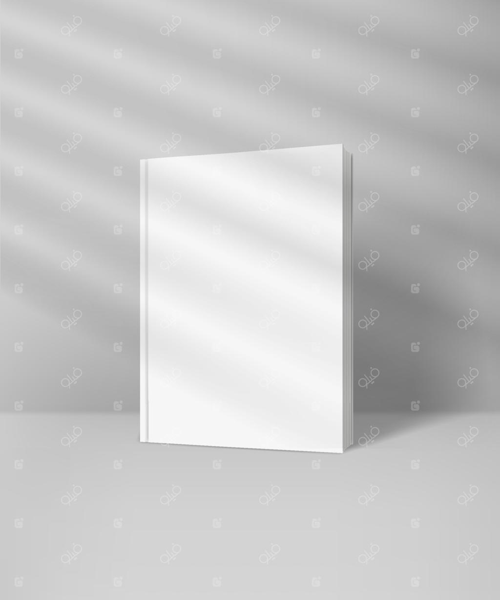 موکاپ کتاب سفید با جلد سخت خام و افکت تابش نور خورشید از پنجره کرکره‌ای