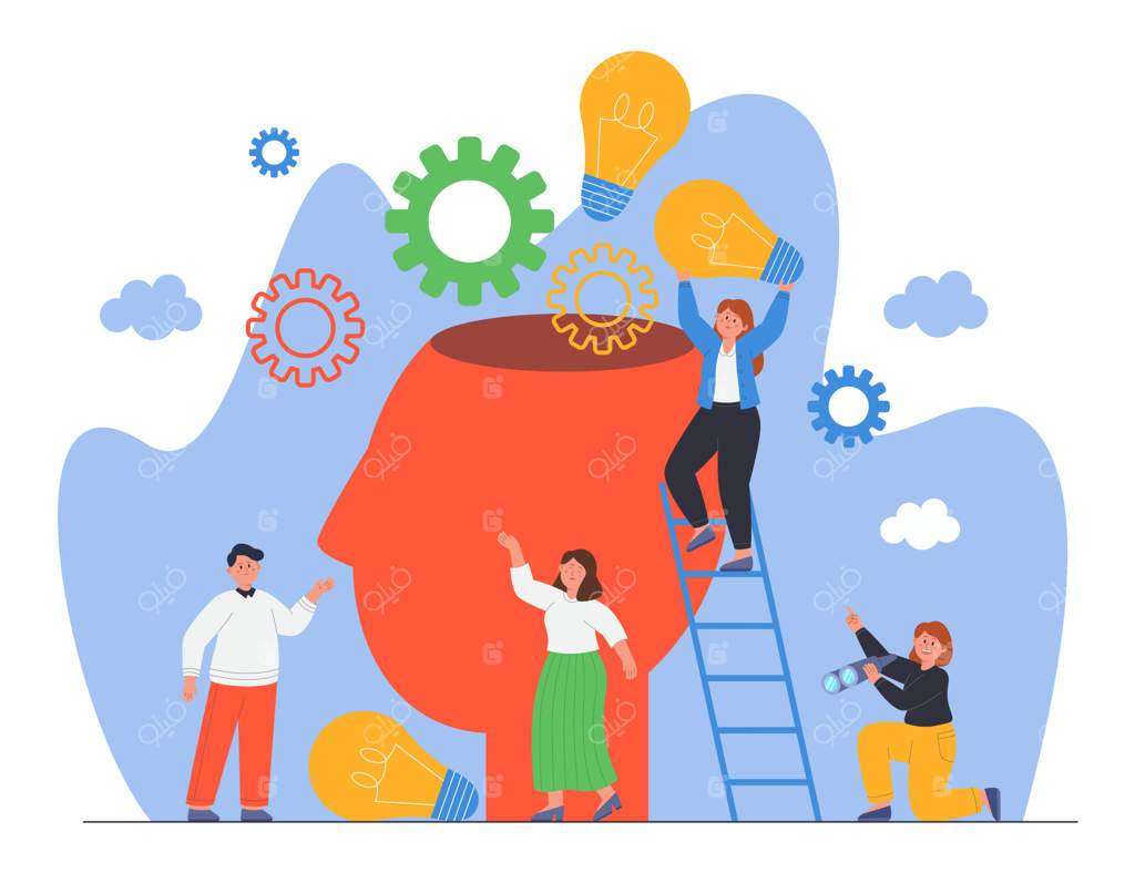 ترجمه: شخصیت‌های کوچک زن و مرد در حال پر کردن سر یک فرد انتزاعی با لامپ‌ها. تصویرسازی تخت از افراد اداری که برای ایجاد ایده‌ها و طوفان فکری همکاری می‌کنند. مفهوم جامعه کاری، تخیل و کار تیمی.