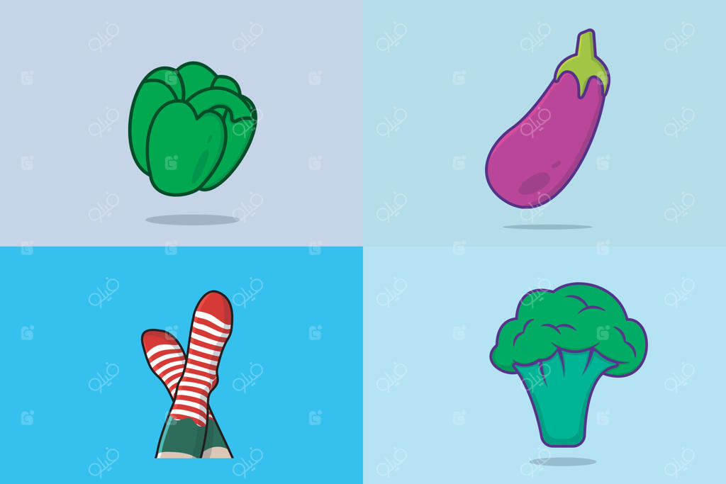 مجموعه‌ای از سبزیجات تازه باغ. مفهوم آیکون مواد غذایی طبیعی. طراحی آیکون مجموعه‌ای از سبزیجات شامل بروکلی، بادمجان، فلفل دلمه‌ای و گوجه‌فرنگی.