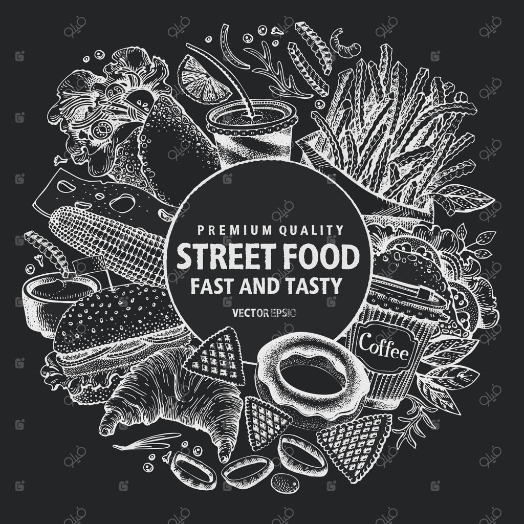قاب وکتور فست فود: طرح بنر غذای خیابانی.