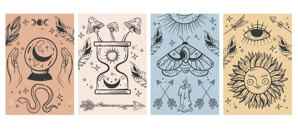 هنر جادویی تاروت سبک بوهو: طراحی پوستر، کاور و کارت‌های رازآلود وکتور