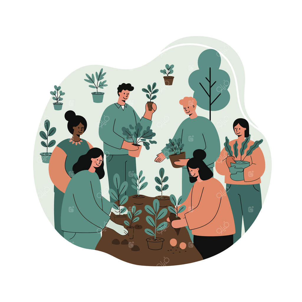تصویری از گروهی متنوع در حال کاشت و مراقبت از گیاهان در باغچه محلی