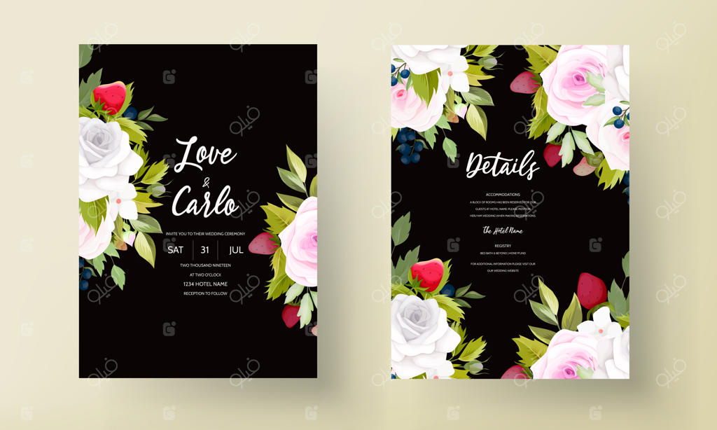 کارت دعوت عروسی با طراحی دستی گل‌ها و میوه‌ها