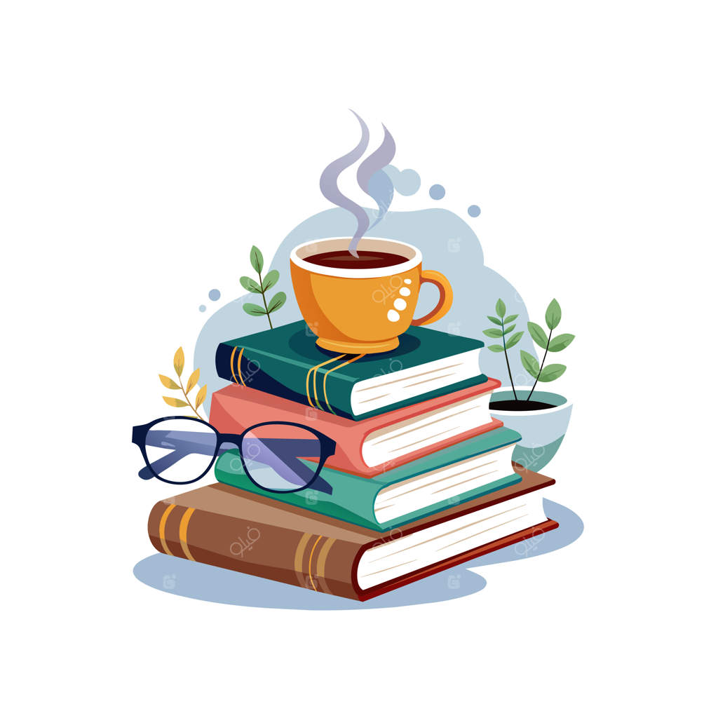 یک فنجان قهوه و چند کتاب با یک فنجان چای