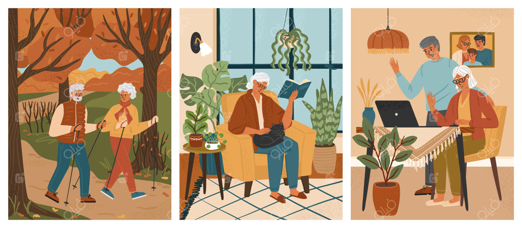 زوج سالخورده در پارک پاییزی: پیاده‌روی با چوب‌دستی، نشستن و کتاب‌خواندن مادربزرگ