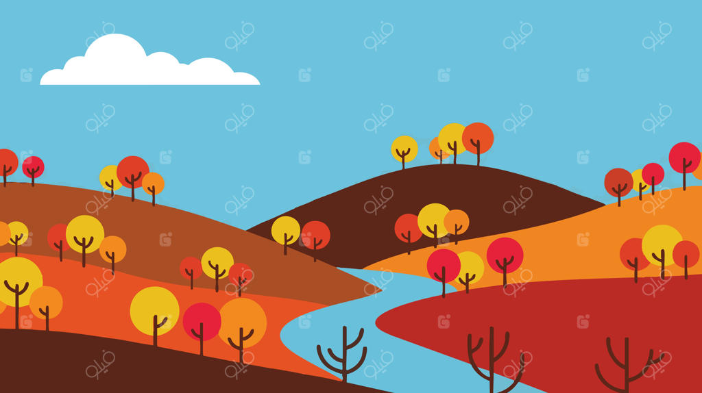 چشم‌انداز پاییزی با تپه‌ها، درختان و رودخانه