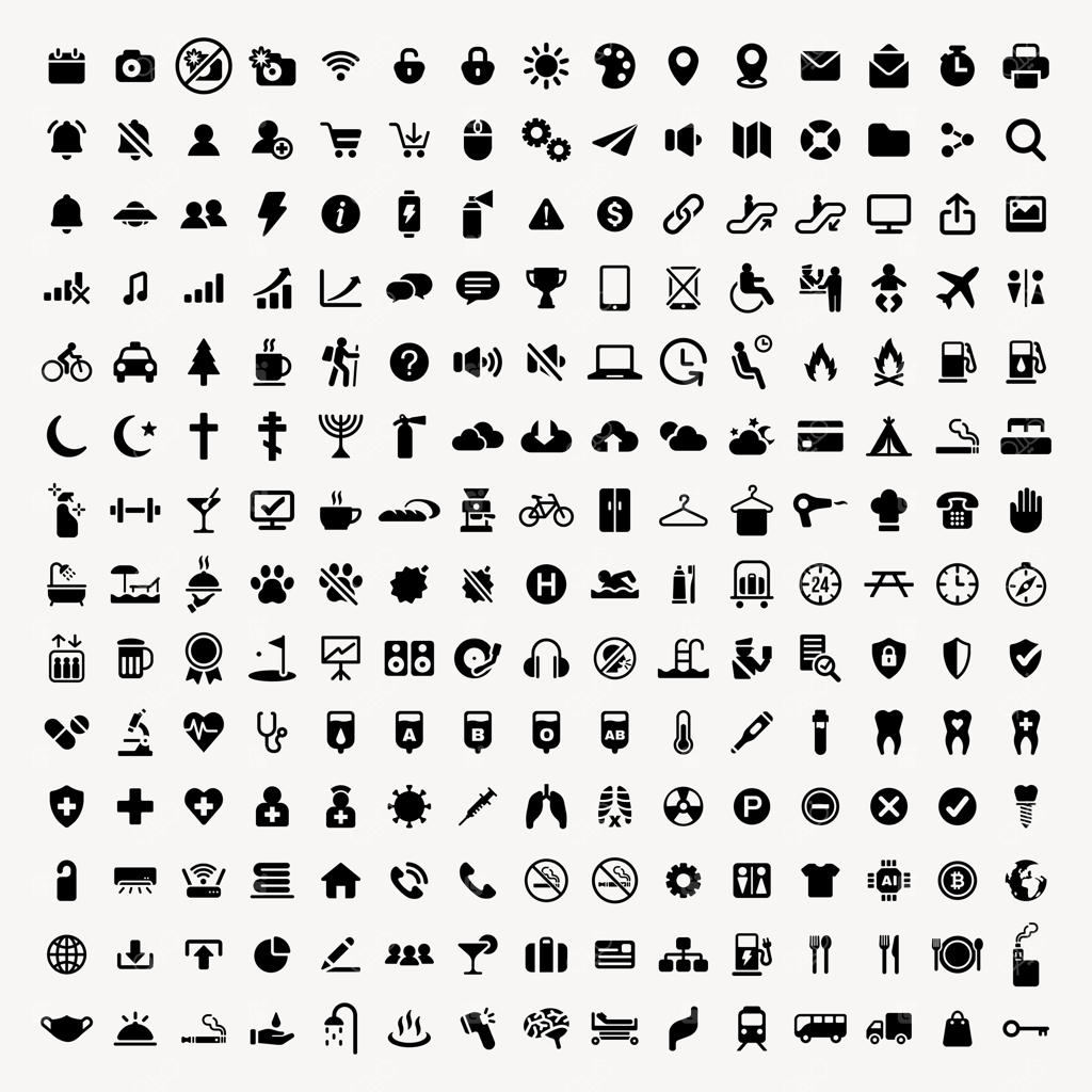 مجموعه متنوع آیکون‌های سیاه در پس‌زمینه سفید شامل نمادهای ارتباطات، فناوری و حمل‌ونقل؛ وکتورهای رابط کاربری برای مصارف گوناگون