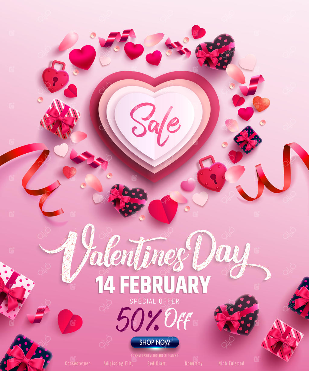 پوستر یا بنر فروش ویژه روز ولنتاین با هدیه‌های شیرین، قلب‌های عاشقانه و آیتم‌های دوست‌داشتنی