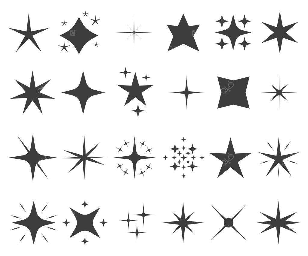 مجموعه آیکون وکتور ستاره و درخشش، شامل طرح‌های متنوع ستاره‌های مشکی و نمادهای نورانی در سبک‌های مختلف