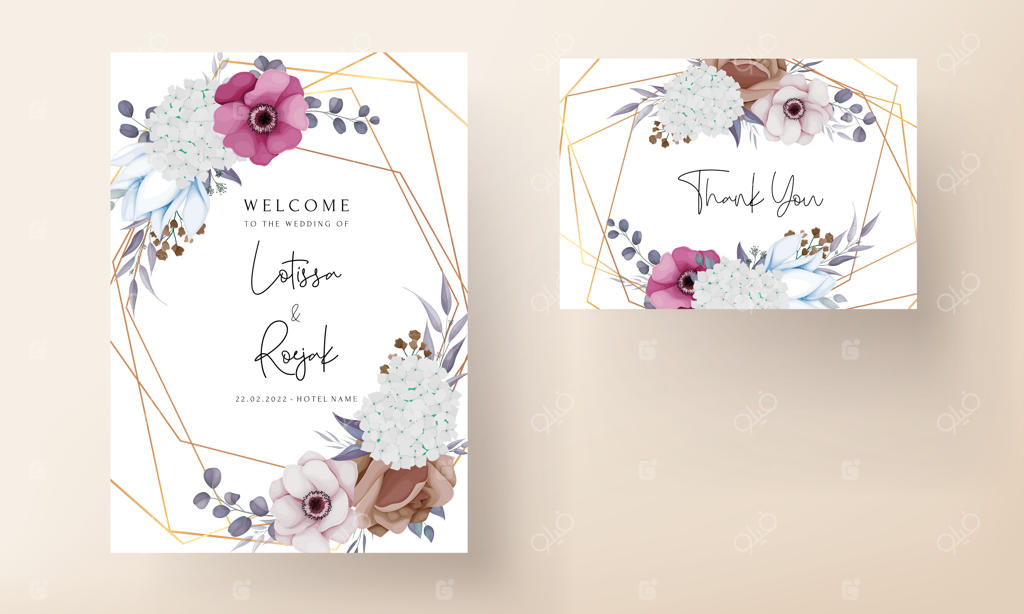 کارت دعوت عروسی بوهو با گل‌ها و برگ‌های زیبا