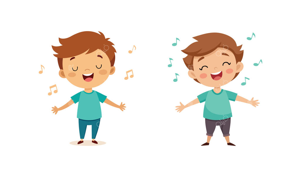 دو پسربچه کارتونی شاد در حال آواز خواندن با نت‌های موسیقی در اطرافشان