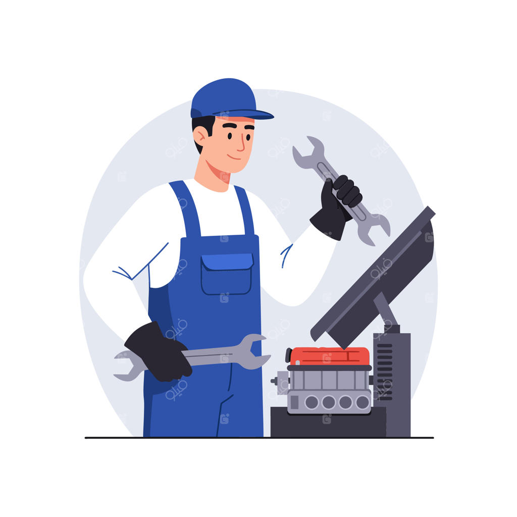 تصویرسازی وکتور مکانیک در حال تعمیر موتور با ابزار و طراحی تخت مدرن