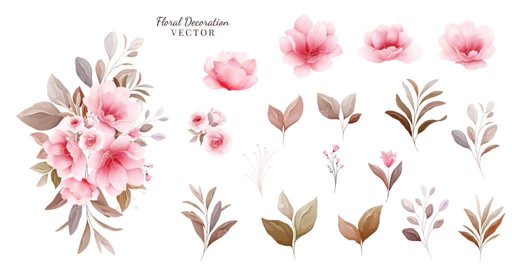 مجموعه گل‌ها: چینش‌های گیاهی و عناصر مجزای شکوفه‌های کمرنگ ساکورا، برگ و شاخه.